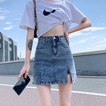 Chic Hongkong-stílusú denim szoknya nőknek, nyár, magas derék, egyenes szabás, A-vonal