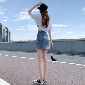 Chic Hongkong-stílusú denim szoknya nőknek, nyár, magas derék, egyenes szabás, A-vonal
