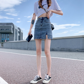 Chic Hongkong-stílusú denim szoknya nőknek, nyár, magas derék, egyenes szabás, A-vonal