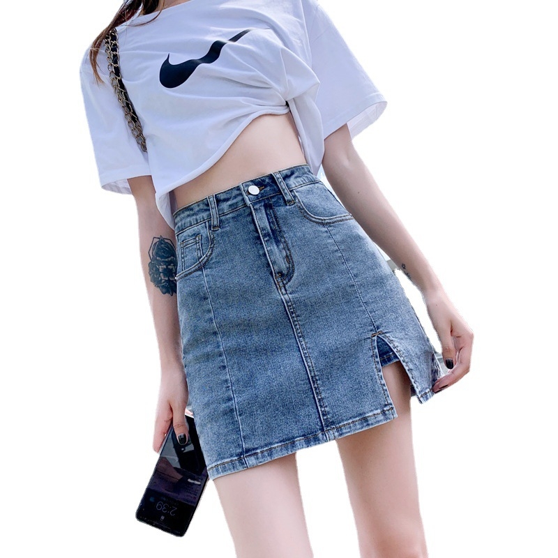 Chic Hongkong-stílusú denim szoknya nőknek, nyár, magas derék, egyenes szabás, A-vonal