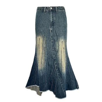 Denim hosszú szoknya A-vonalú fazonnal, szabálytalan halfarok részlettel, amerikai retro vintáz stílus, tavasz–nyár