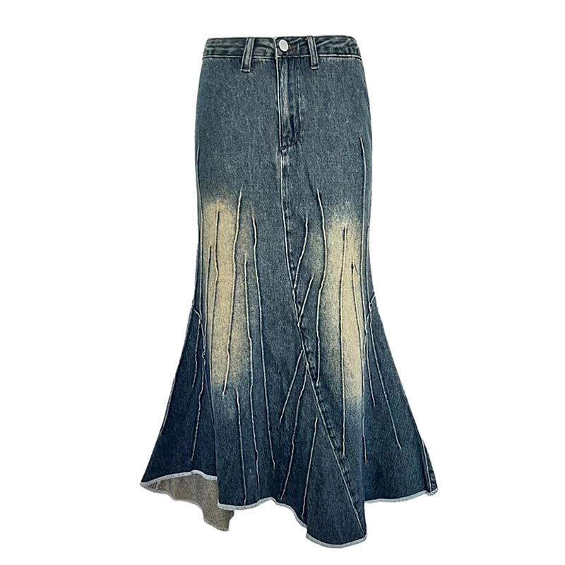 Denim hosszú szoknya A-vonalú fazonnal, szabálytalan halfarok részlettel, amerikai retro vintáz stílus, tavasz–nyár