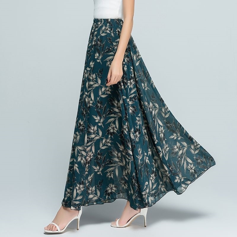 2026 nyári chiffon hosszú szoknya etnikus mintával, magas derék, pliszírozott, plusz méretű táncos női szoknya