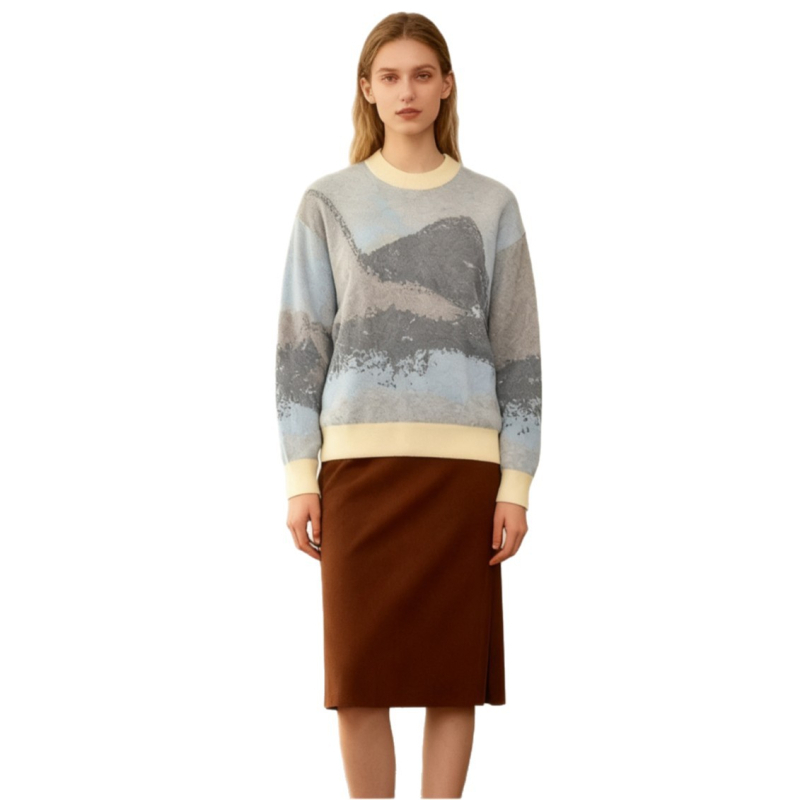 Szálas jacquard mintázatú pulóver kontrasztos színnel, kerek nyakú, hosszú ujjú, középhosszú, laza szabás, őszi-téli szezonra