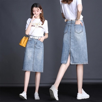 Koreai stílusú denim midi szoknya hasítékkal, magas derekú, világos színű, nyárra