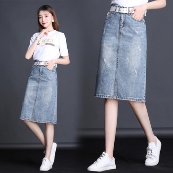 Koreai stílusú denim midi szoknya hasítékkal, magas derekú, világos színű, nyárra