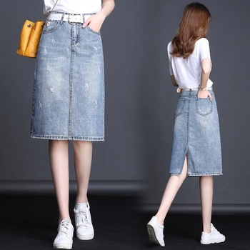 Koreai stílusú denim midi szoknya hasítékkal, magas derekú, világos színű, nyárra