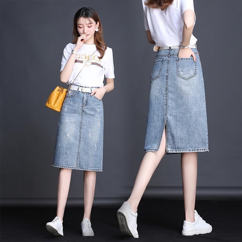 Koreai stílusú denim midi szoknya hasítékkal, magas derekú, világos színű, nyárra