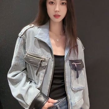 Női vintage rövid denimdzseki, oversized, cipzárral, laza szabású