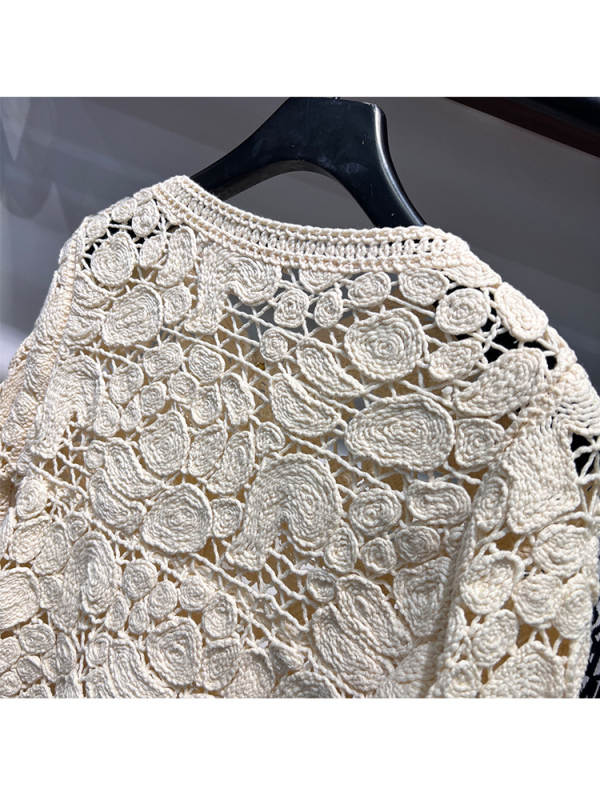 Női pamutból készült nyitott mintás csipkés kötött kardigán, rövidfazonnal, francia stílusú dizájn, kézzel készült, koraősz 2024, 081G