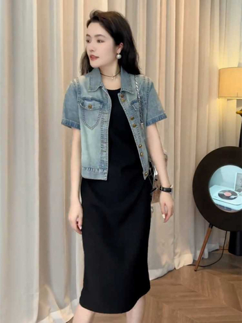 Női nyári könnyű denim rövid ujjú ing – casual, karcsúsított szabás, kis testalkatú nőknek