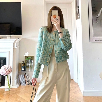 Női tweed stílusú kabát, 2025 tavasz-ősz, kis méretű, elegáns rövid fazon