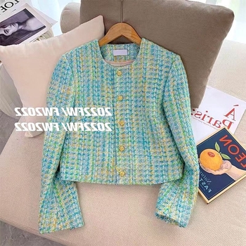 Női tweed stílusú kabát, 2025 tavasz-ősz, kis méretű, elegáns rövid fazon