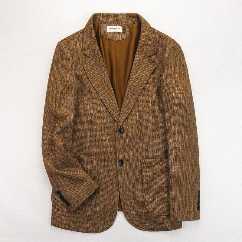 Őszi–téli retro brit tweed férfi gyapjúkabát és slim-fit barna tweed öltöny herringbone mintával
