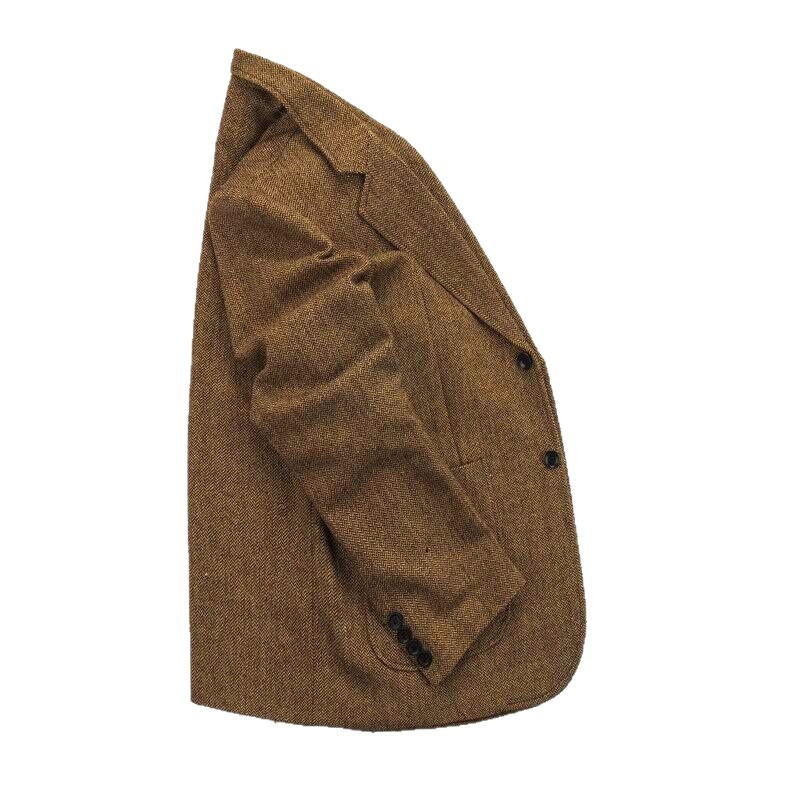 Őszi–téli retro brit tweed férfi gyapjúkabát és slim-fit barna tweed öltöny herringbone mintával