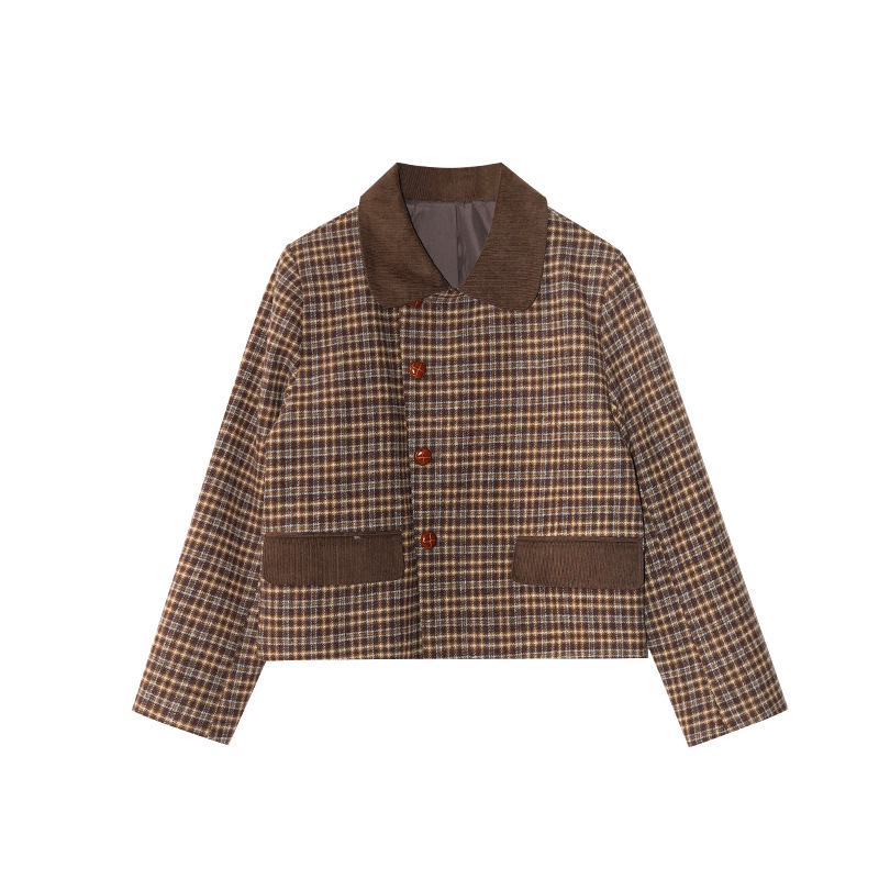 Női dzseki houndstooth mintával, galléros, rövid fazon, vastag téli retro stílus, viszkóz - F6915