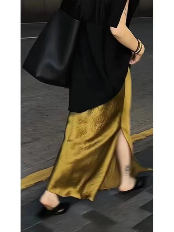 Pliszírozott szatén mini szoknya, magas derék, laza szabás, japán/koreai casual stílus