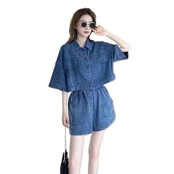 Két darabos női szett: denim kabát és denim rövidnadrág, 2026 nyár, koreai stílus, hongkongi divat, sokoldalú, plusz méret