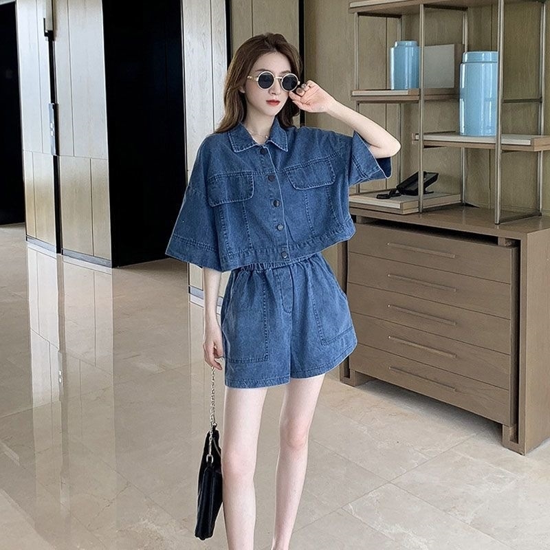 Két darabos női szett: denim kabát és denim rövidnadrág, 2026 nyár, koreai stílus, hongkongi divat, sokoldalú, plusz méret