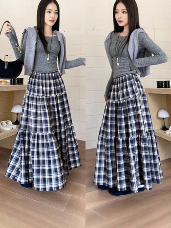 Női vintage gyapjú kockás color-block szoknya, magas derekú, karcsúsító vonal, hosszú szoknya.