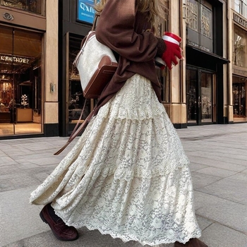 Új modell női hosszú szoknya ősz-tél dantellal, magas derék, karcsúsító hatás, patchwork, elegáns francia stílus