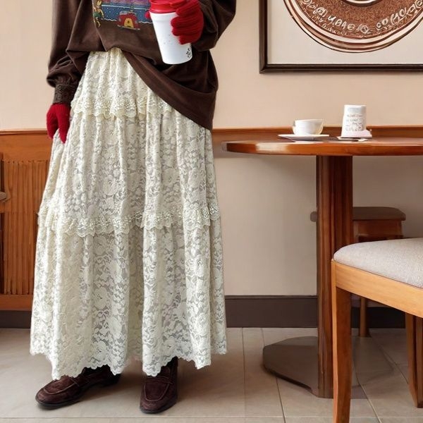 Új modell női hosszú szoknya ősz-tél dantellal, magas derék, karcsúsító hatás, patchwork, elegáns francia stílus