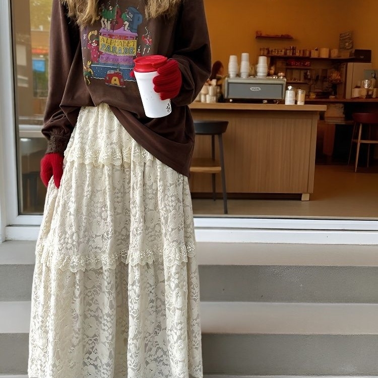 Új modell női hosszú szoknya ősz-tél dantellal, magas derék, karcsúsító hatás, patchwork, elegáns francia stílus