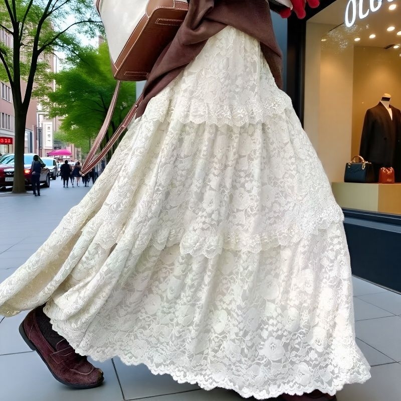 Új modell női hosszú szoknya ősz-tél dantellal, magas derék, karcsúsító hatás, patchwork, elegáns francia stílus