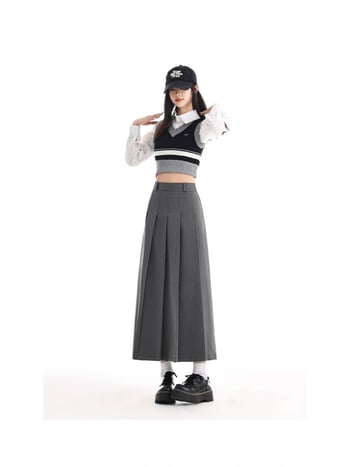 Női szürke midi szoknya amerikai preppy stílusban, magas derekú, A-vonal, plisírozott