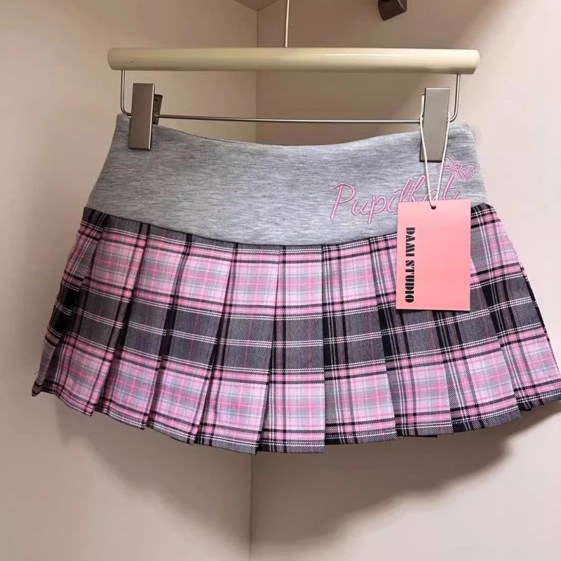Rózsaszín JK-stílusú kockás pliszírozott miniszoknya magas derekú, nőknek, A-vonalú, rövid, nyárra
