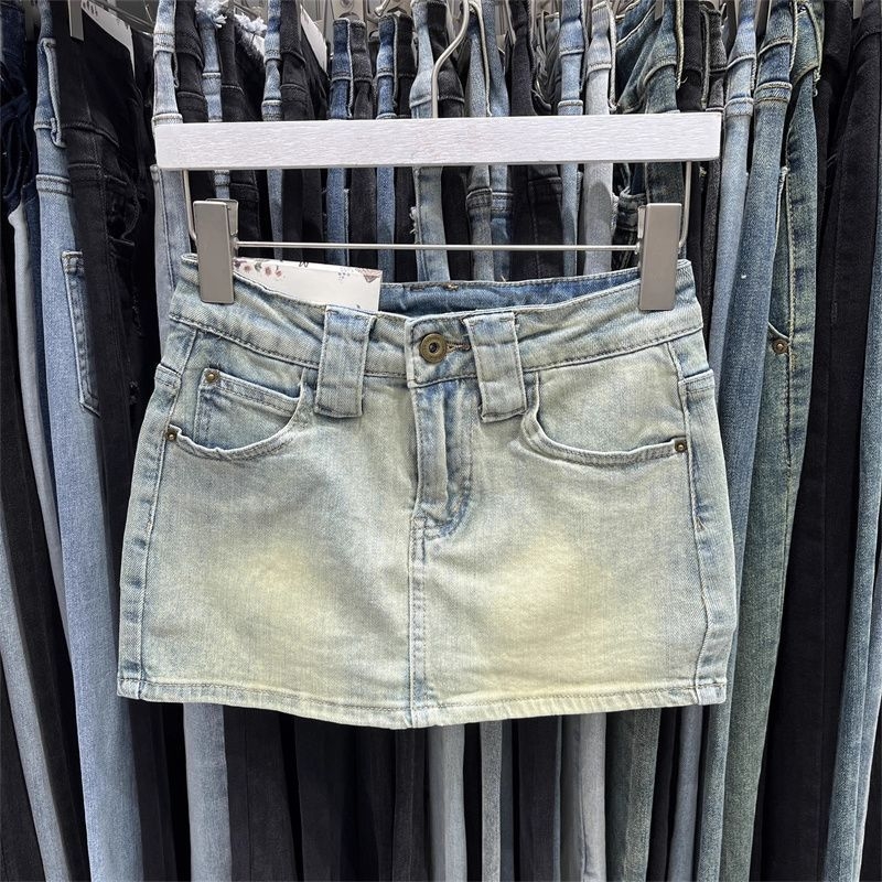 Női vintage farmer denim miniszoknya kék, A-vonal, rövid, csípőre simuló, enyhén rugalmas