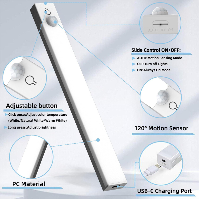 USB LED лента с презареждане и сензор за движение, без пробиване, интелигентна светлина за кухня, шкаф за обувки и гардероб