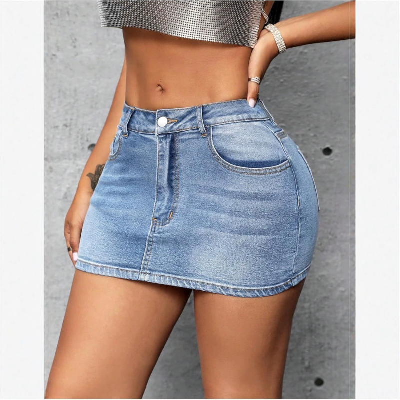 Retro denim miniszoknya, keskeny szabás, casual és sokoldalú, nyár 2026