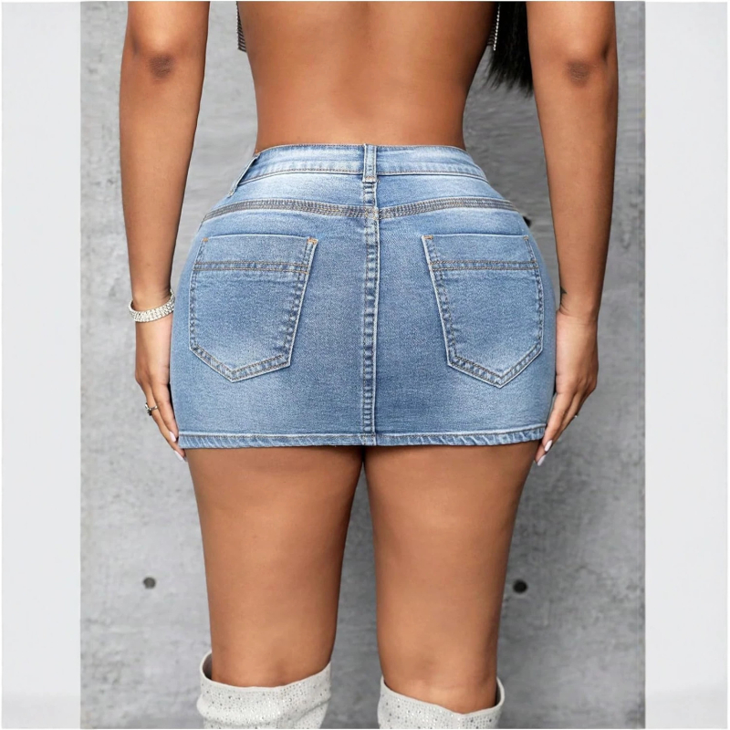 Retro denim miniszoknya, keskeny szabás, casual és sokoldalú, nyár 2026