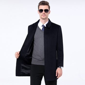 Palton din lână, lungime medie, stil business casual, culoare solidă, nasturi, rever.