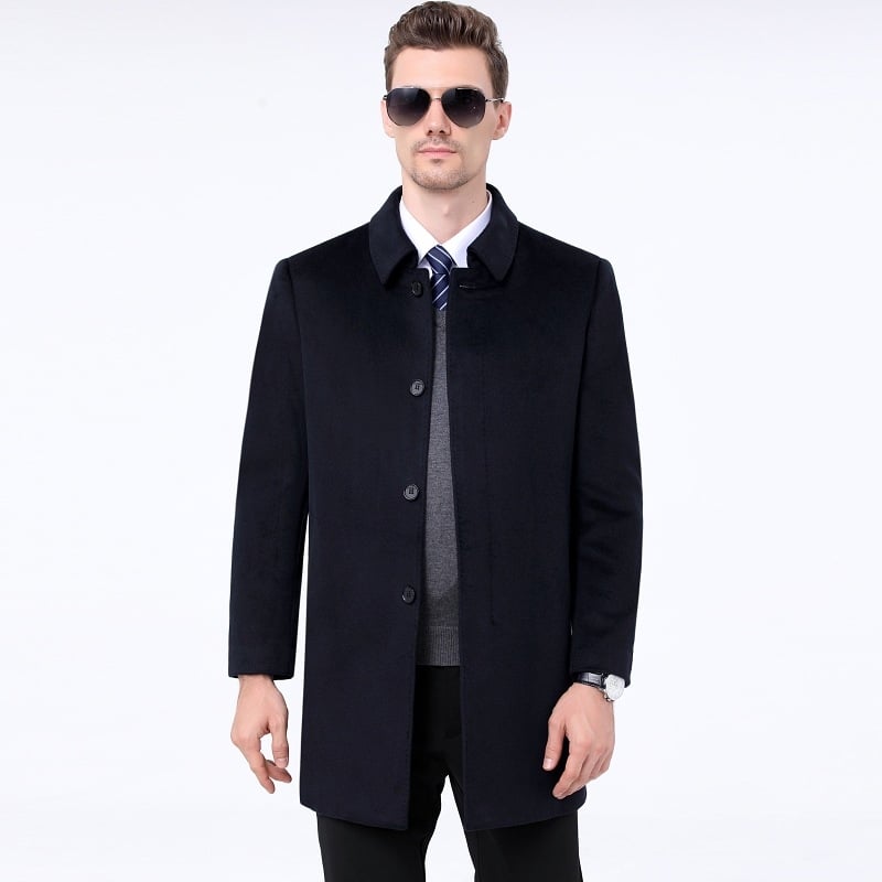 Palton din lână, lungime medie, stil business casual, culoare solidă, nasturi, rever.