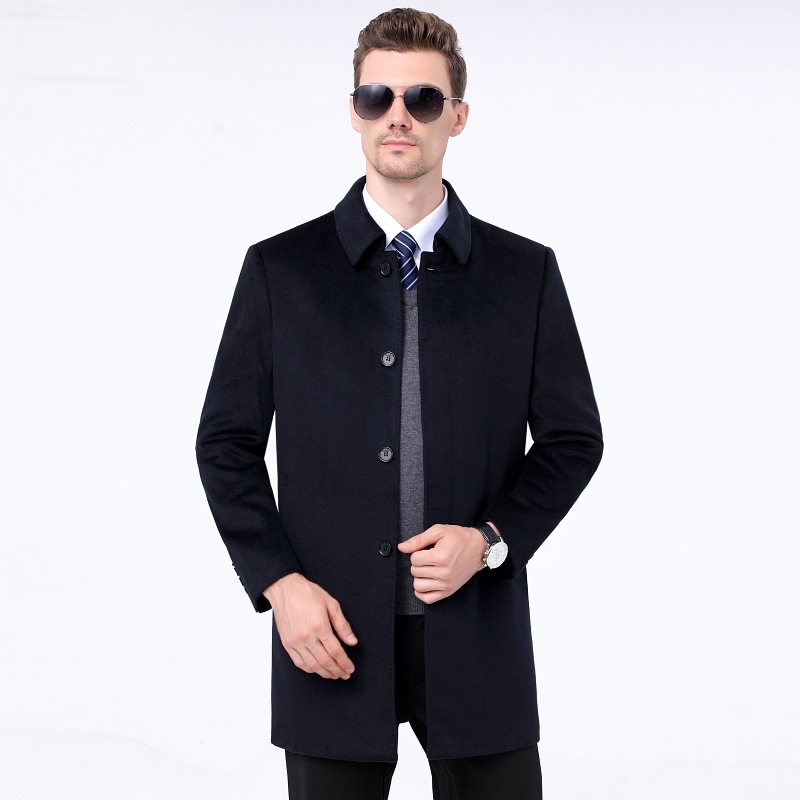Palton din lână, lungime medie, stil business casual, culoare solidă, nasturi, rever.