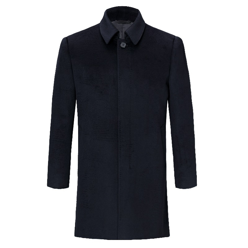 Palton din lână, lungime medie, stil business casual, culoare solidă, nasturi, rever.