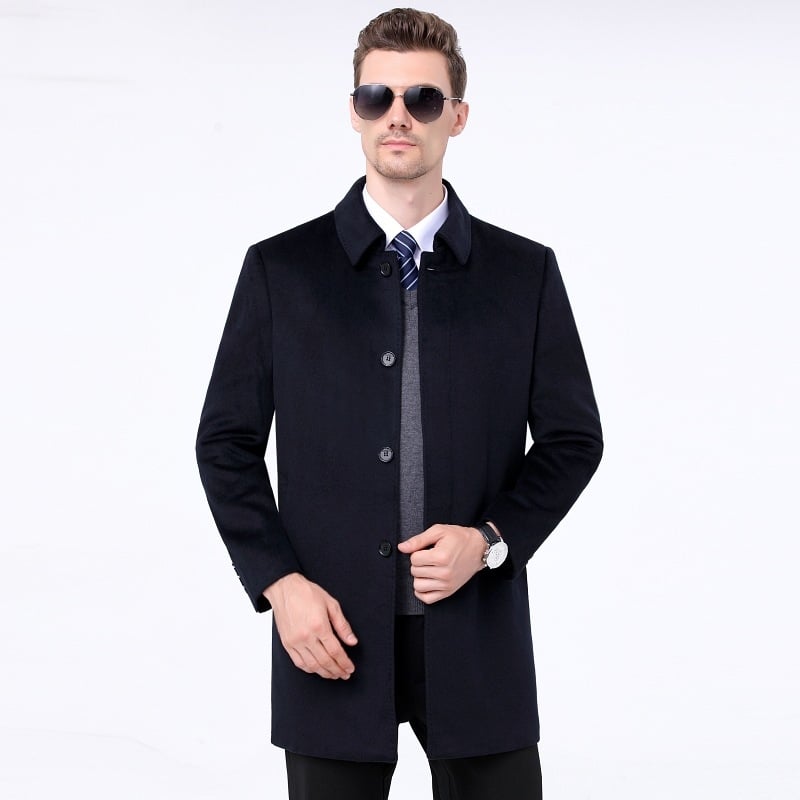 Palton din lână, lungime medie, stil business casual, culoare solidă, nasturi, rever.