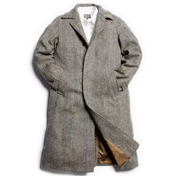 Palton lung vintage pentru bărbați, model herringbone alb-negru, palton de iarnă, croială lejeră casual