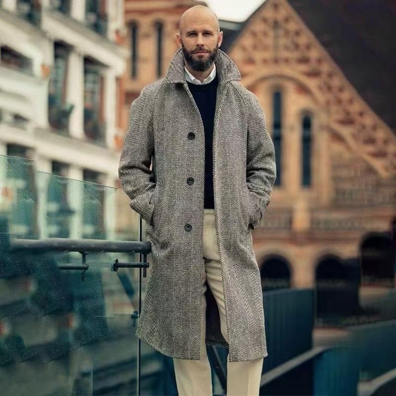 Palton lung vintage pentru bărbați, model herringbone alb-negru, palton de iarnă, croială lejeră casual