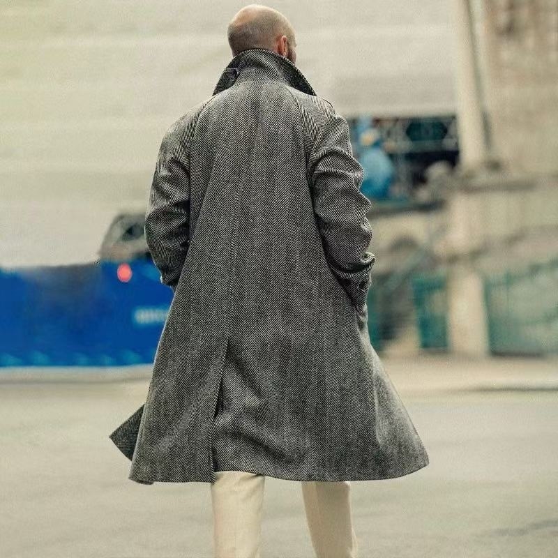Palton lung vintage pentru bărbați, model herringbone alb-negru, palton de iarnă, croială lejeră casual