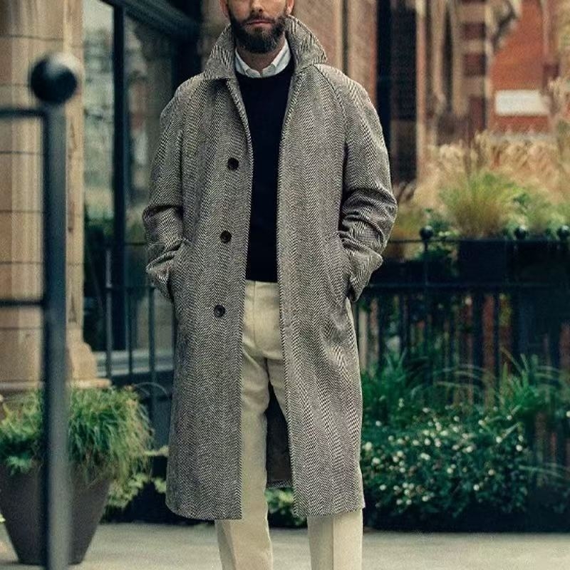Palton lung vintage pentru bărbați, model herringbone alb-negru, palton de iarnă, croială lejeră casual