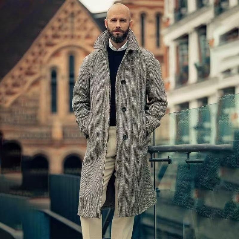 Palton lung vintage pentru bărbați, model herringbone alb-negru, palton de iarnă, croială lejeră casual