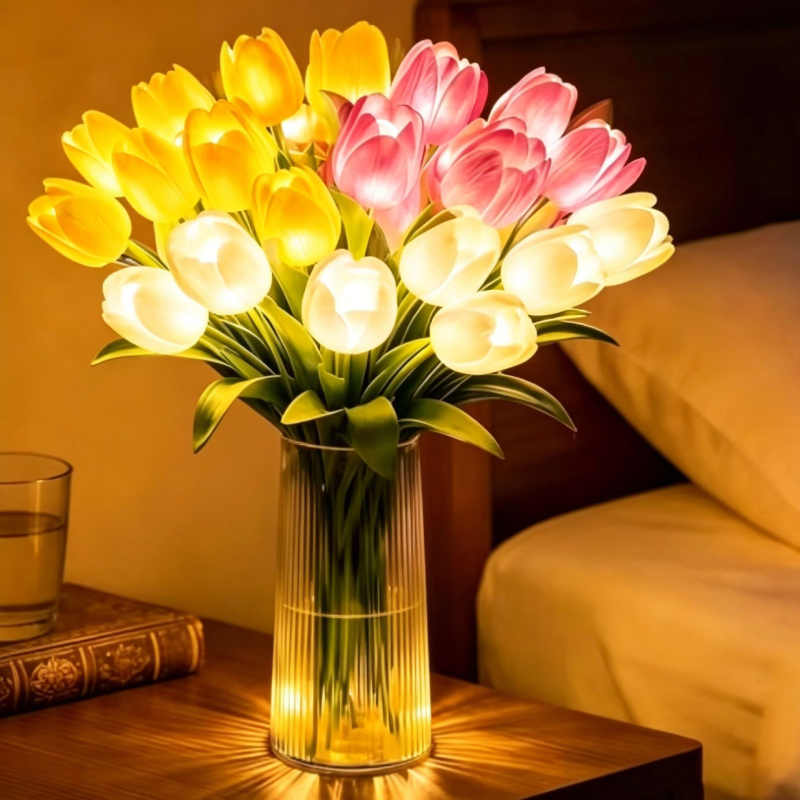 Tulip LED éjszakai lámpa művirággal, hálószobai hangulatvilág, kézzel készített DIY asztali dekoráció