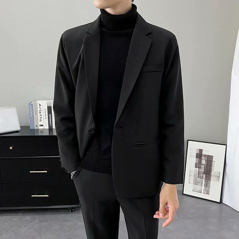 Őszi fekete férfi üzleti zakó, slim fit, egyszínű, koreai stílus