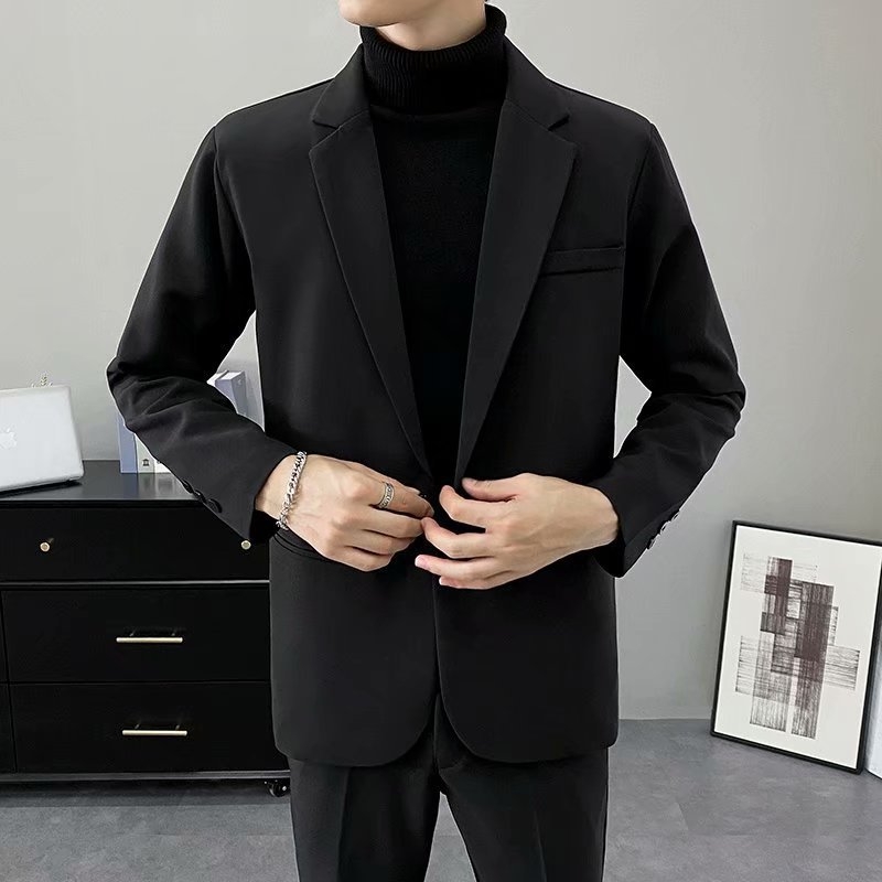 Őszi fekete férfi üzleti zakó, slim fit, egyszínű, koreai stílus