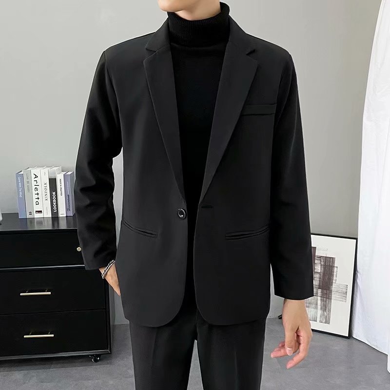 Őszi fekete férfi üzleti zakó, slim fit, egyszínű, koreai stílus