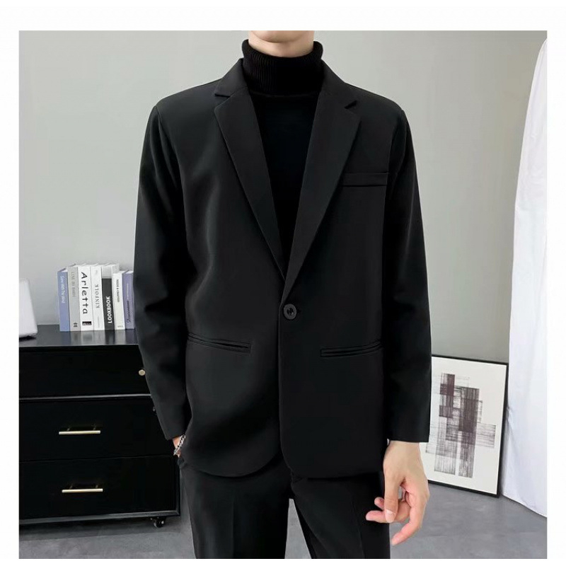 Őszi fekete férfi üzleti zakó, slim fit, egyszínű, koreai stílus