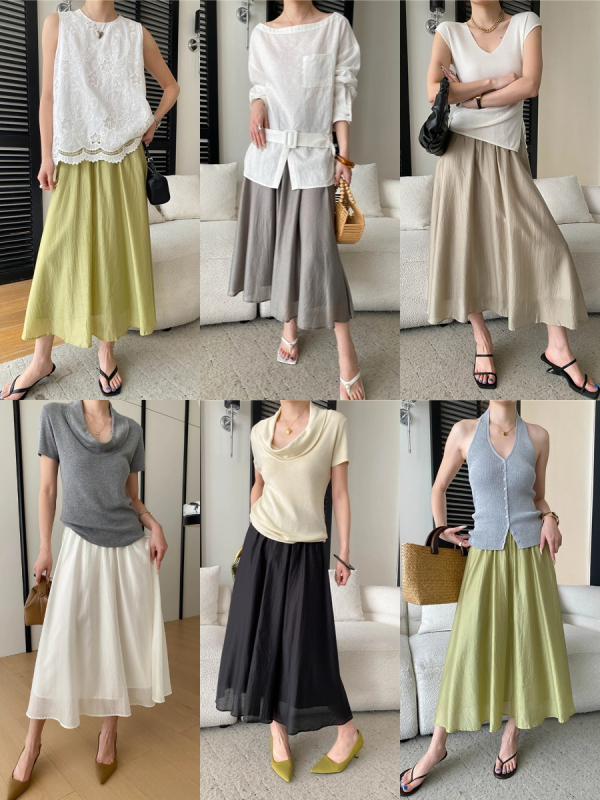 Tencel A-vonalú hosszú szoknya, magas derék, karcsúsító siluetta, egyszínű, francia stílus SN8833